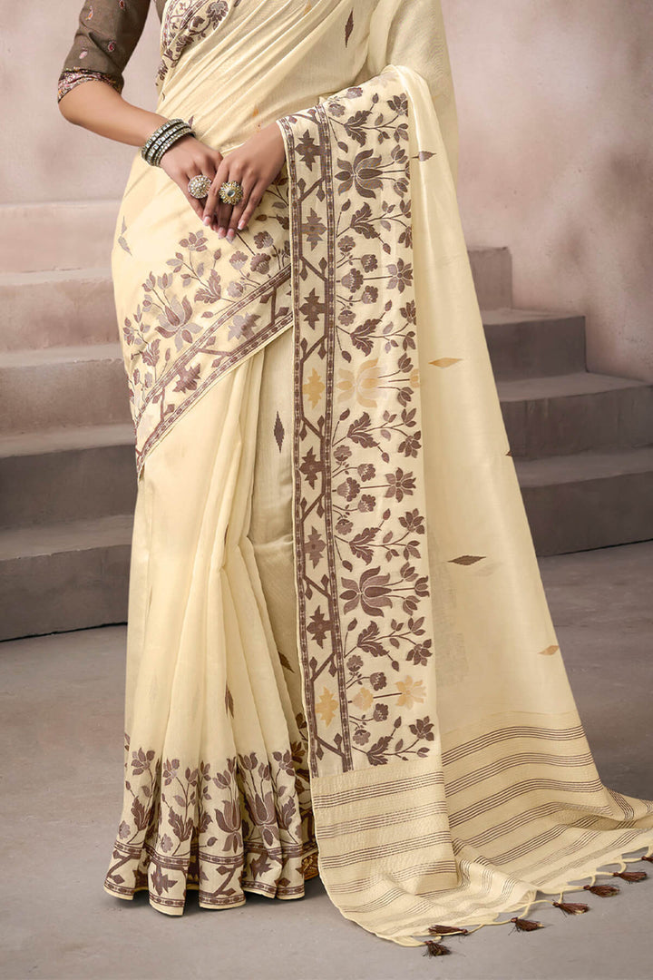 Tequila Beige Viscose Cotton Silk Saree with Embroidery Blouse