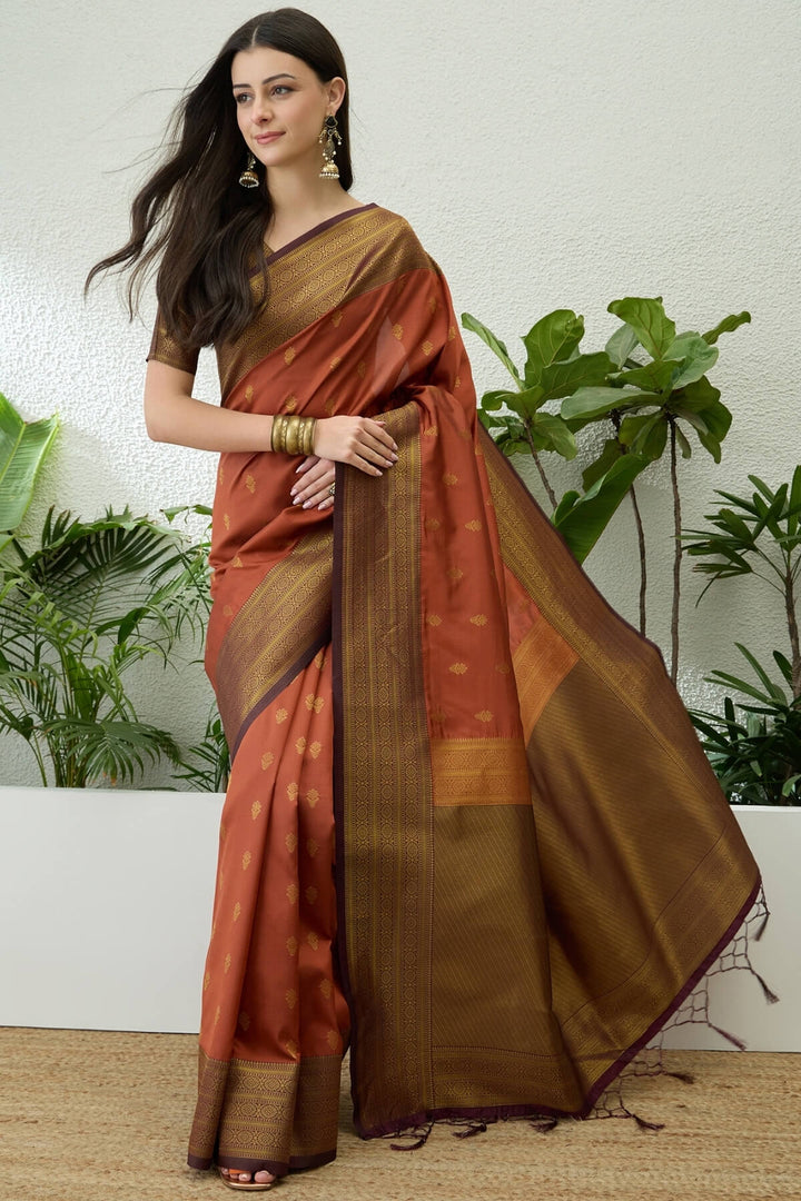 Terracotta Orange Green Zari Woven Soft Banarasi Silk Saree