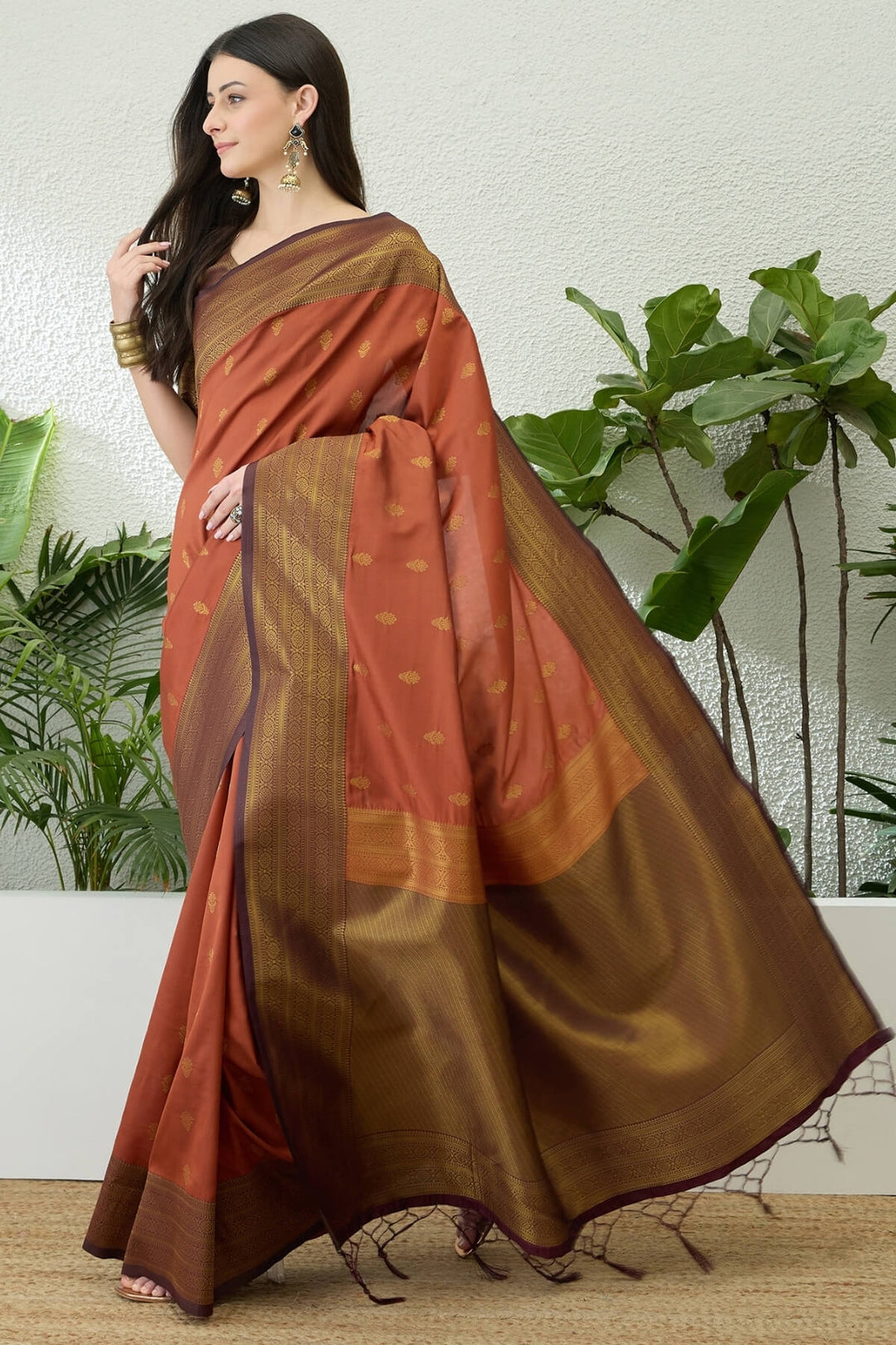 Terracotta Orange Green Zari Woven Soft Banarasi Silk Saree