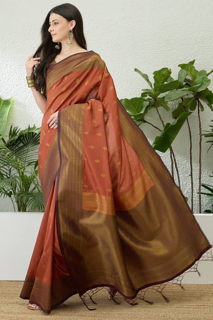 Terracotta Orange Green Zari Woven Soft Banarasi Silk Saree