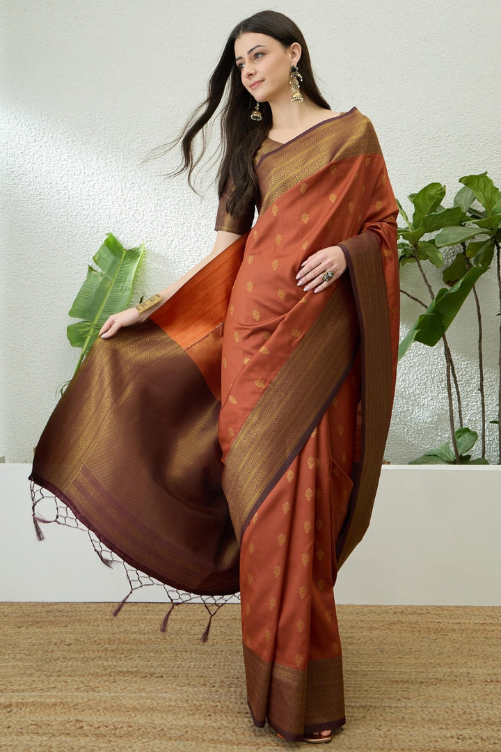 Terracotta Orange Green Zari Woven Soft Banarasi Silk Saree