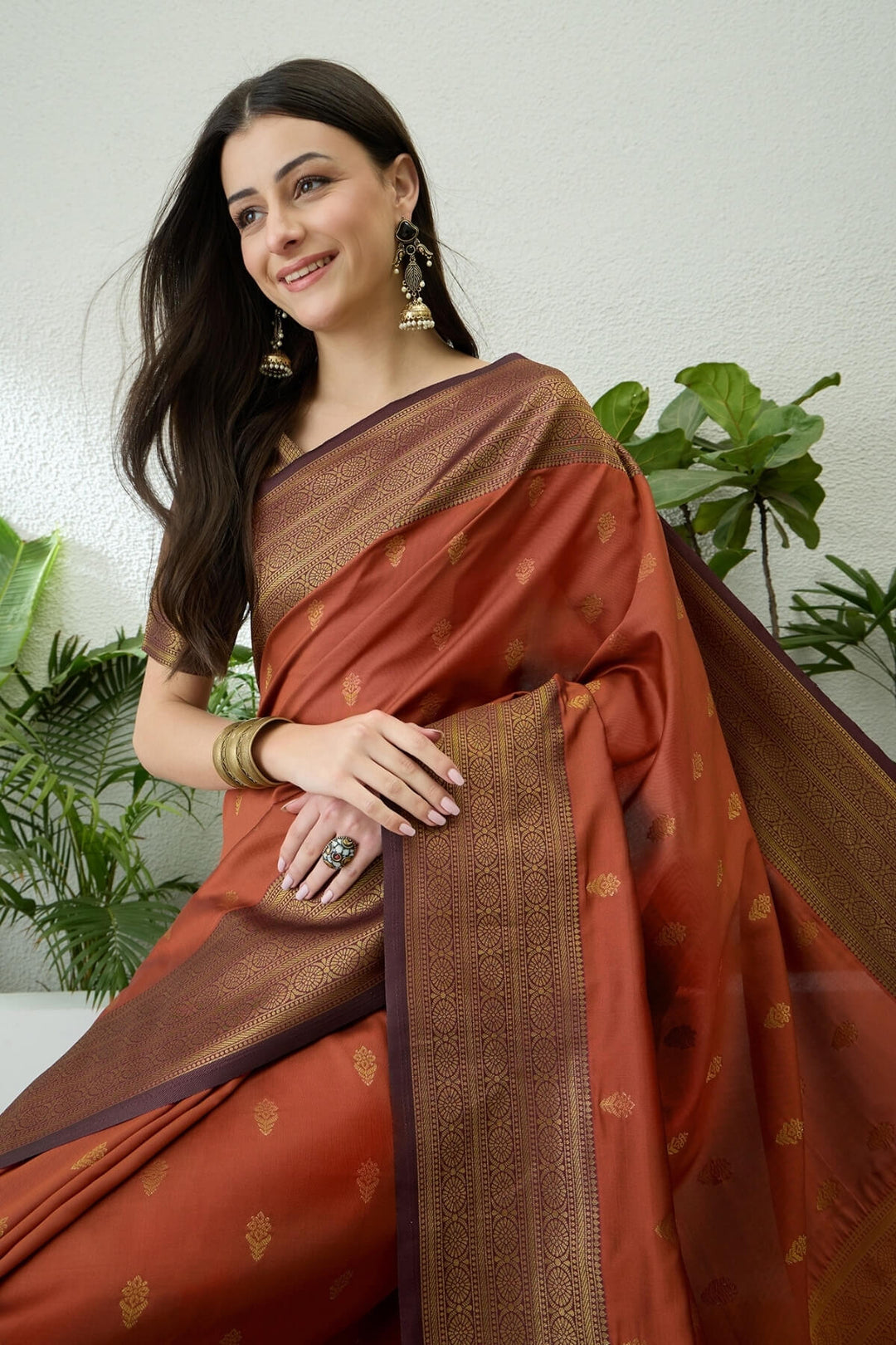 Terracotta Orange Green Zari Woven Soft Banarasi Silk Saree