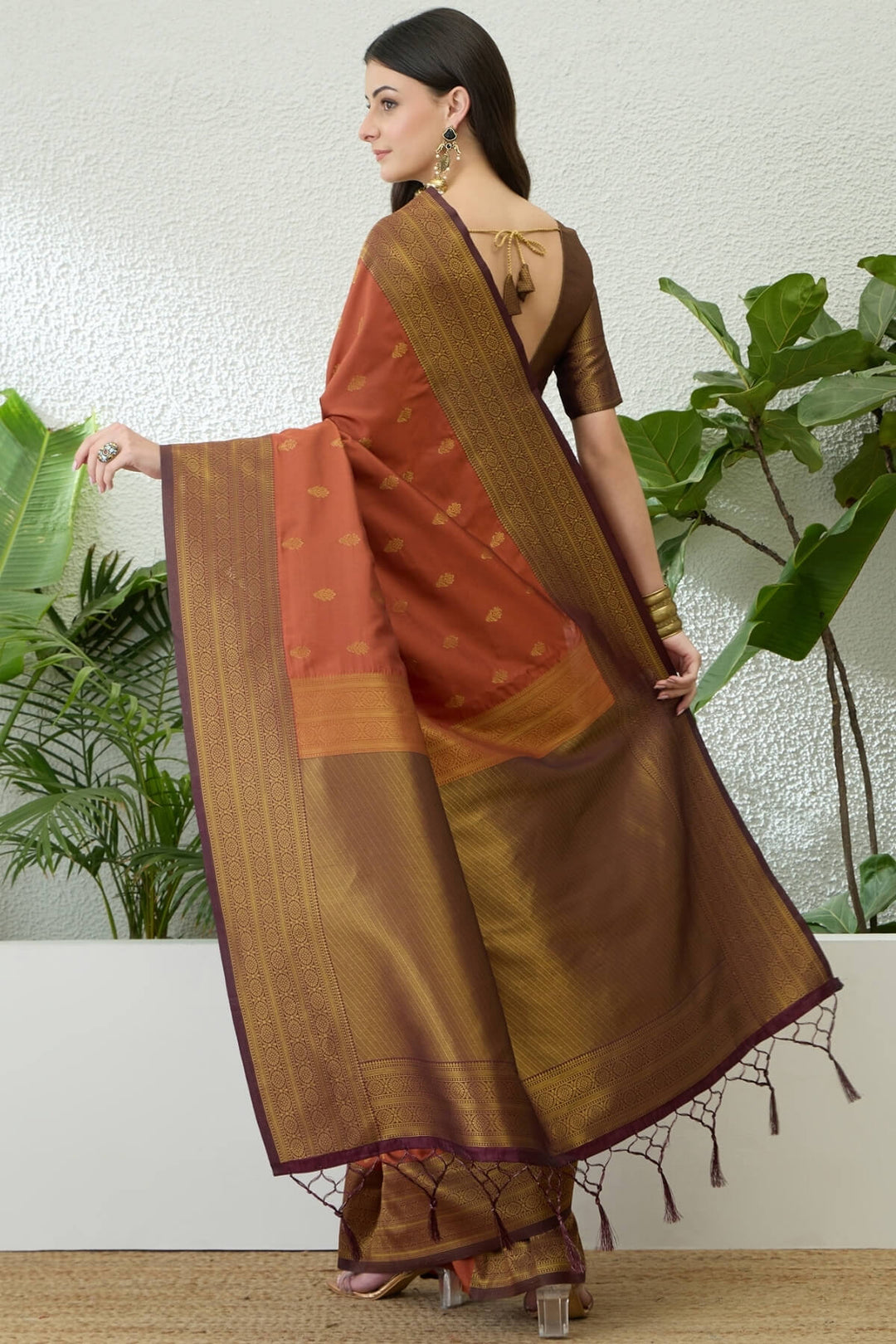 Terracotta Orange Green Zari Woven Soft Banarasi Silk Saree