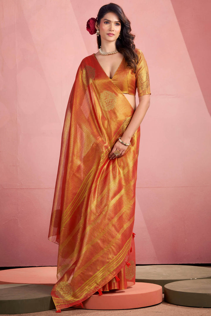 Terracotta Orange Tissue Silk Saree