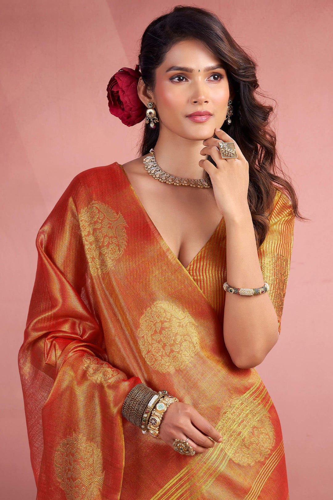 Terracotta Orange Tissue Silk Saree