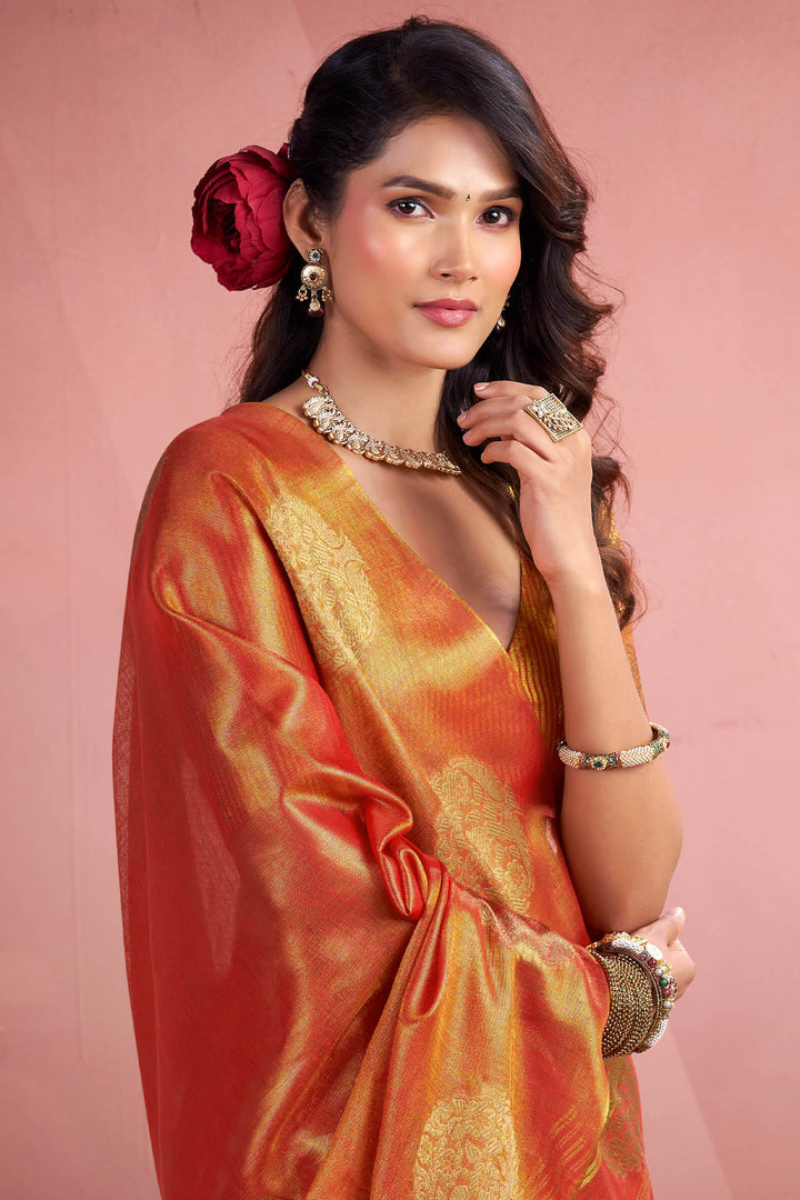 Terracotta Orange Tissue Silk Saree