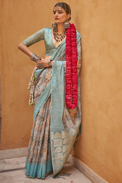 Thatch Beige Digital Printed Linen Silk Saree