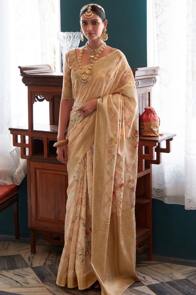 Thatch Beige Zari Woven Floral Printed Silk Saree