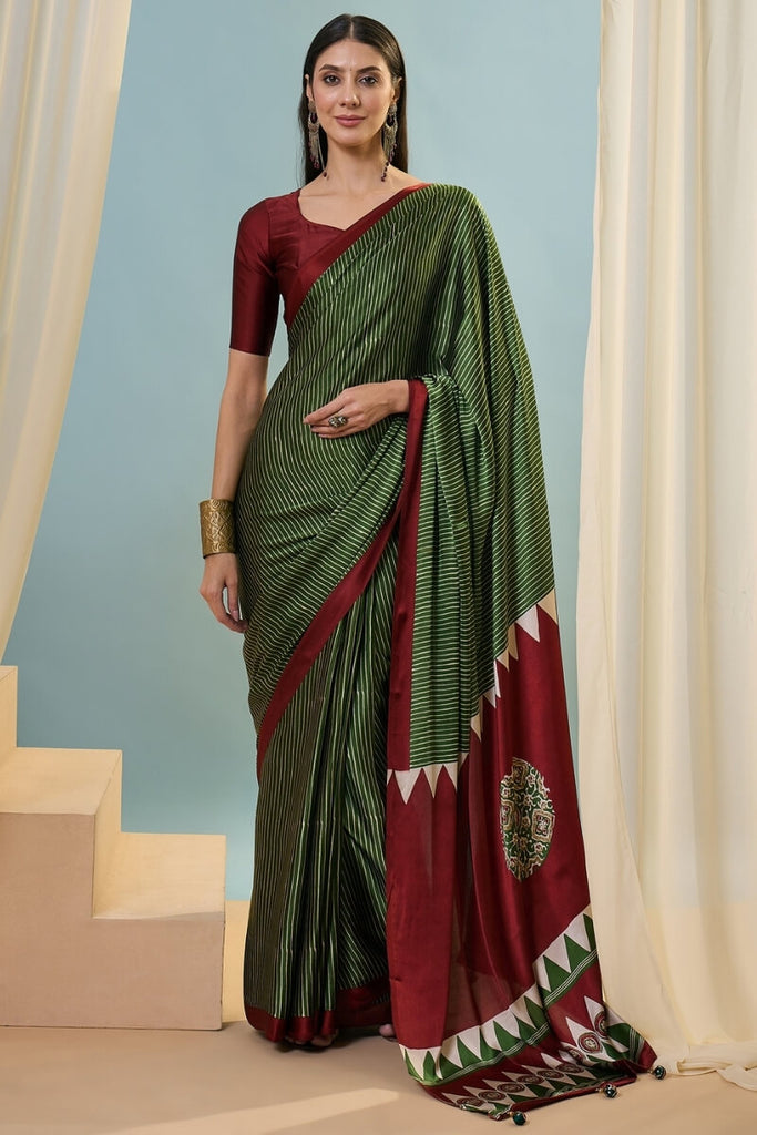 Thatch Green Ajrakh Printed Satin Silk Saree