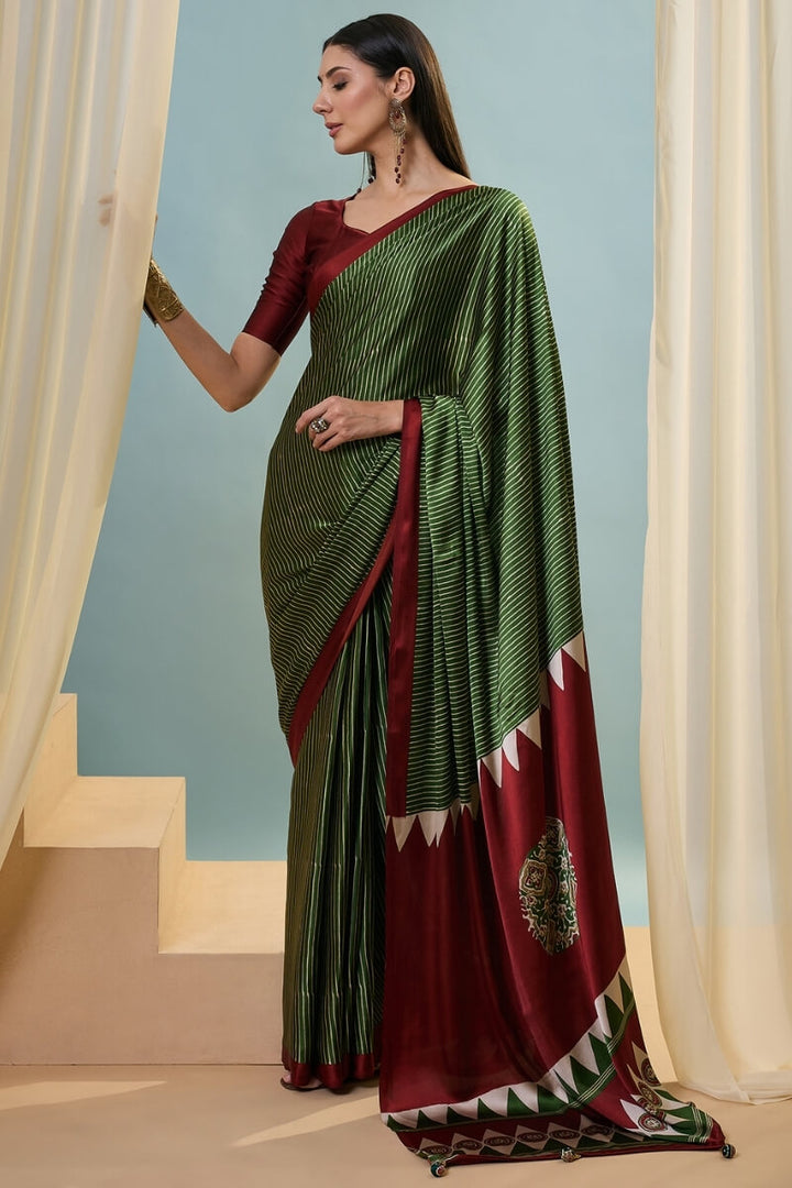 Thatch Green Ajrakh Printed Satin Silk Saree