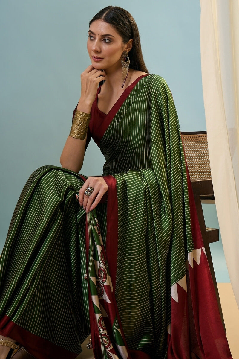 Thatch Green Ajrakh Printed Satin Silk Saree