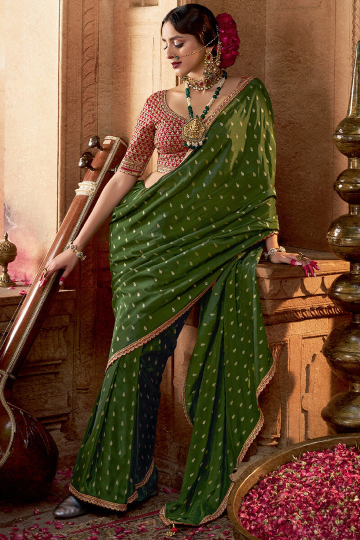 Thatch Green Pure Viscose Crepe Silk Saree with Embroidery Blouse Piece