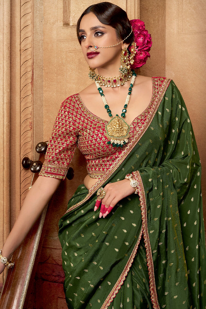 Thatch Green Pure Viscose Crepe Silk Saree with Embroidery Blouse Piece