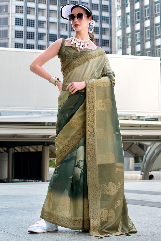 Thatch Green Zari Woven Printed Soft Silk Saree