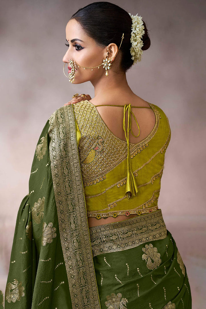 Thatch Green Zari Woven Pure Crape Silk Saree with Designer Blouse Piece