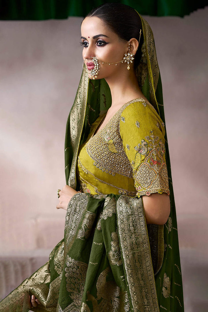 Thatch Green Zari Woven Pure Crape Silk Saree with Designer Blouse Piece