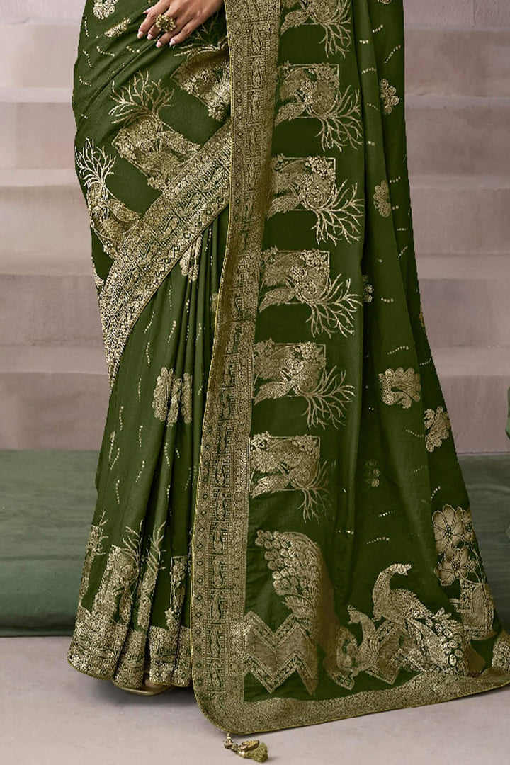 Thatch Green Zari Woven Pure Crape Silk Saree with Designer Blouse Piece