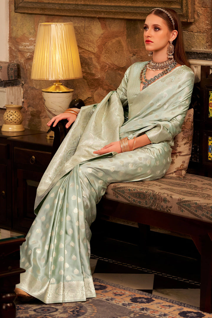 Thistle Green Banarasi Satin Silk Saree
