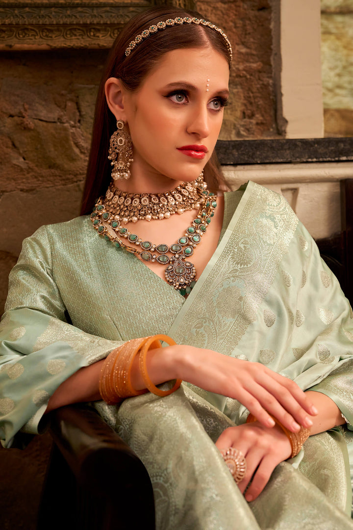Thistle Green Banarasi Satin Silk Saree