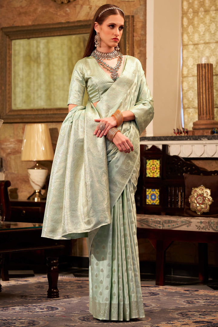 Thistle Green Banarasi Satin Silk Saree