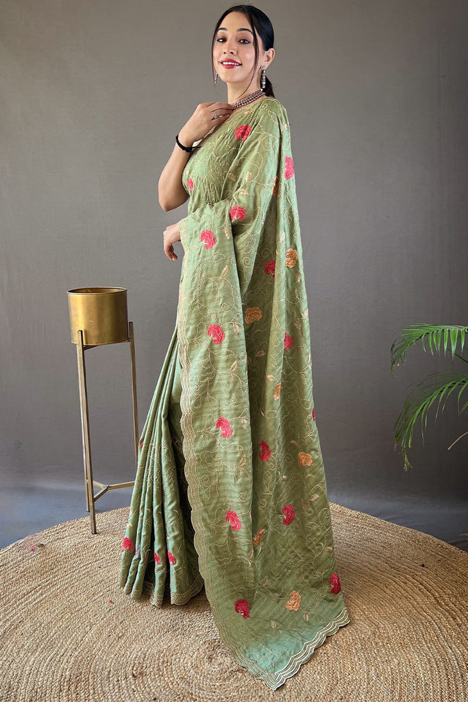 Thistle Green Embroidered Work Tussar Silk Saree