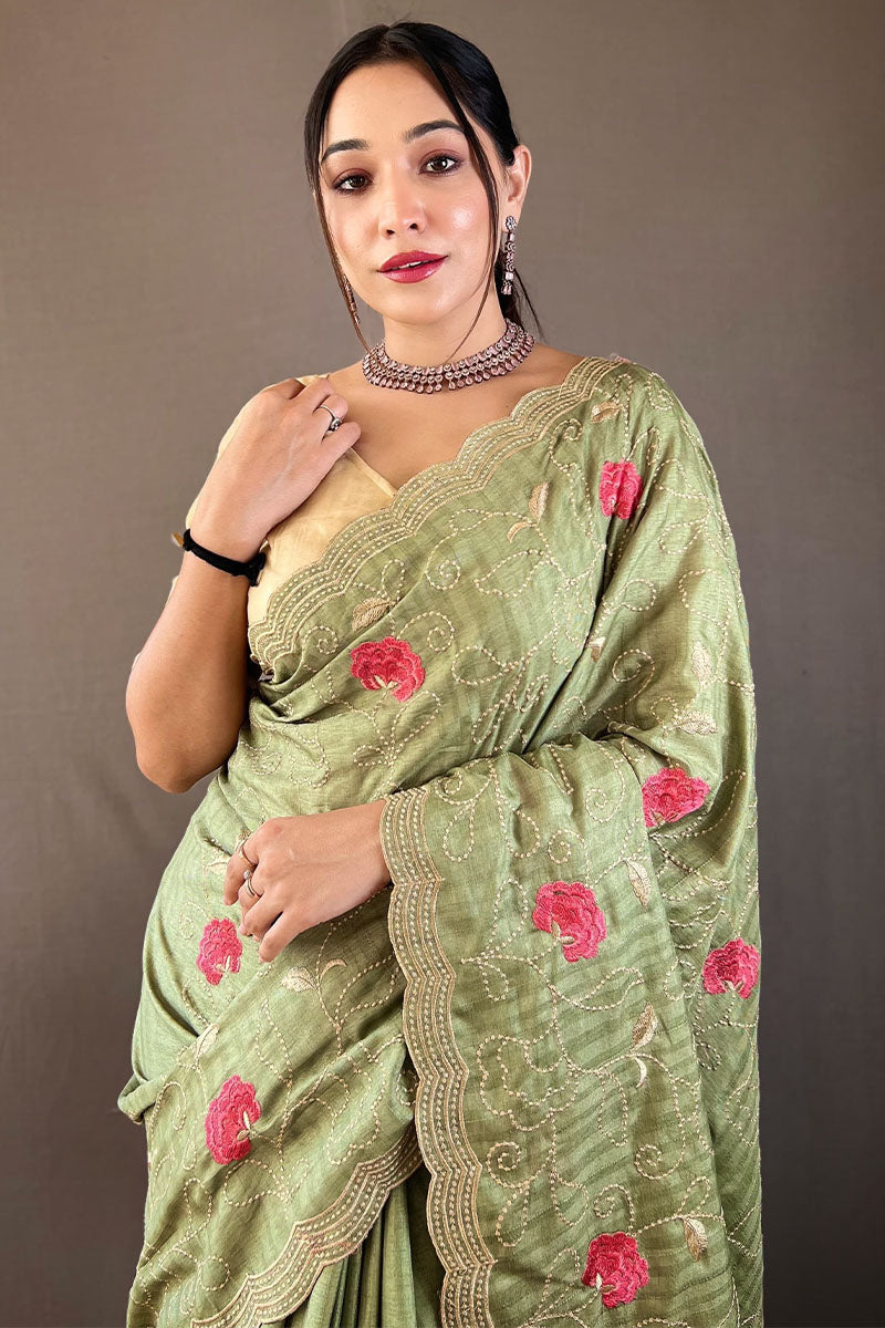 Thistle Green Embroidered Work Tussar Silk Saree