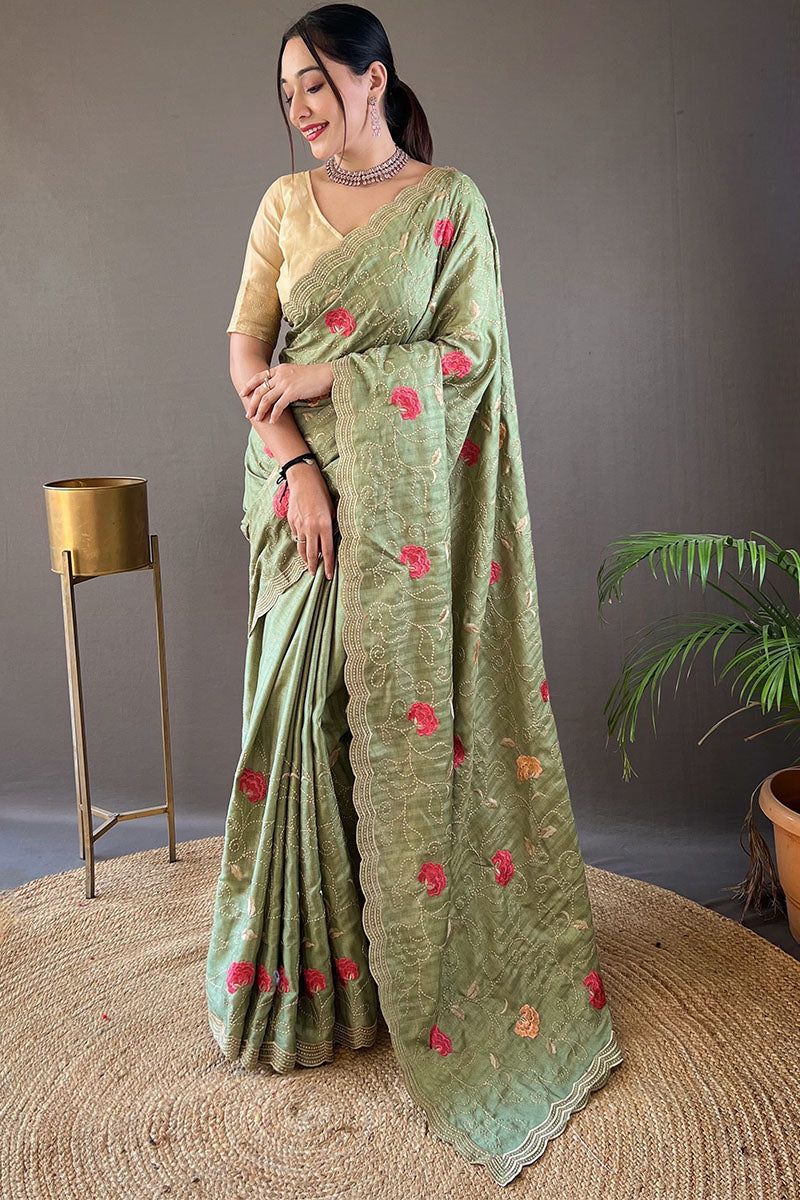 Thistle Green Embroidered Work Tussar Silk Saree