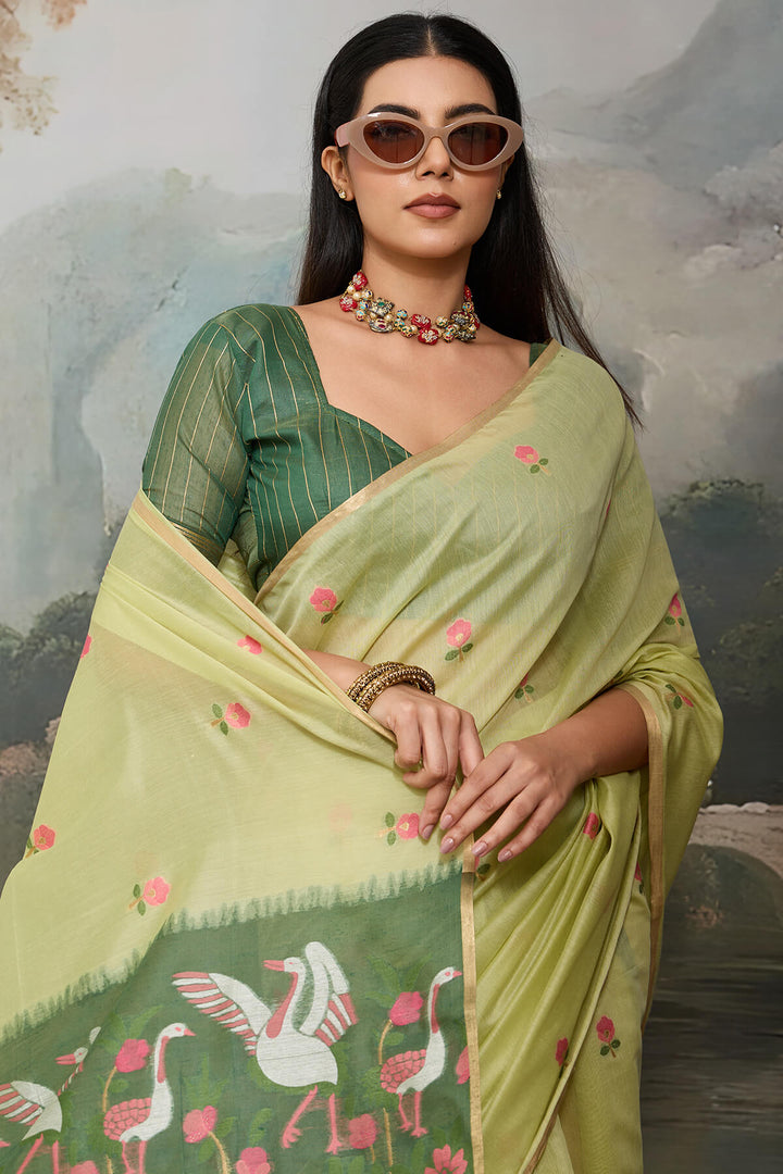 Thistle Green Handloom Spun Cotton Saree