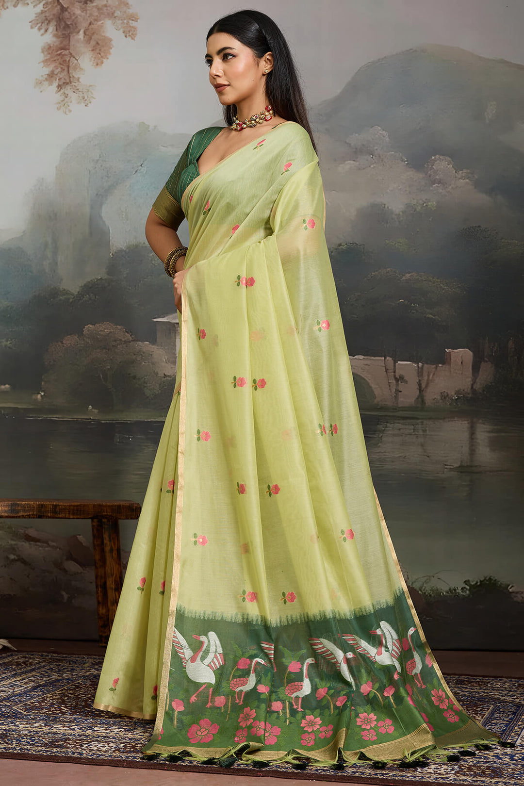 Thistle Green Handloom Spun Cotton Saree