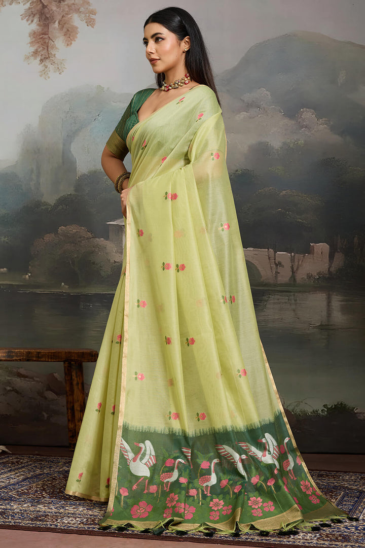 Thistle Green Handloom Spun Cotton Saree