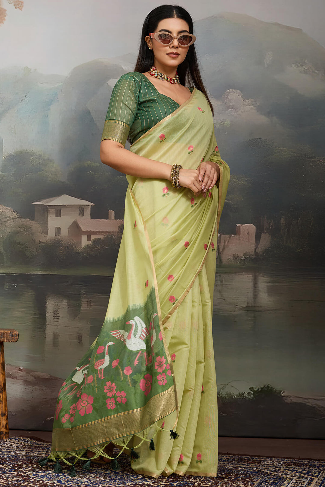 Thistle Green Handloom Spun Cotton Saree