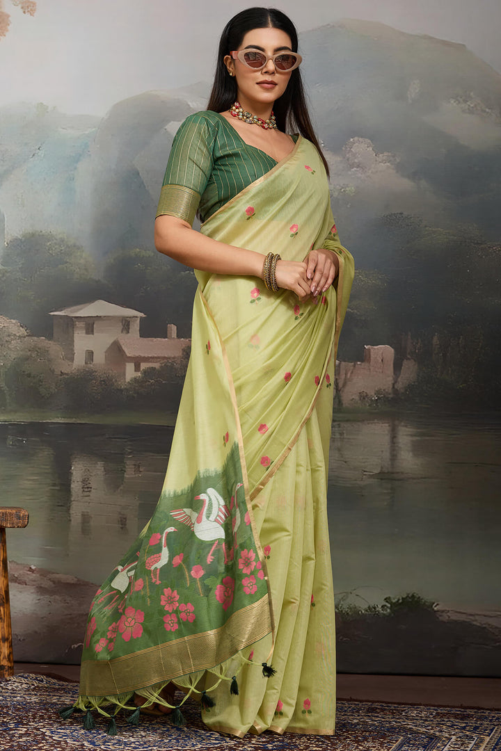 Thistle Green Handloom Spun Cotton Saree