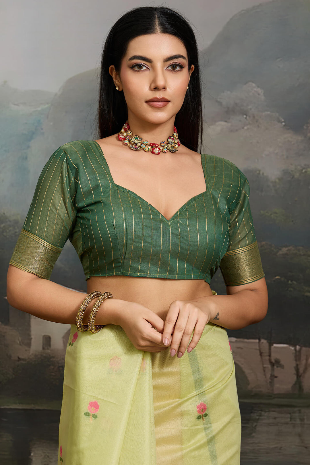 Thistle Green Handloom Spun Cotton Saree
