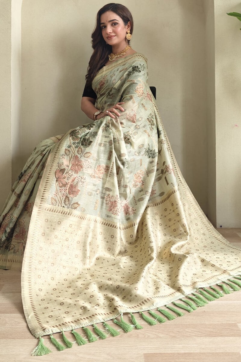 Thistle Green Jamdani Woven Cotton Silk Saree