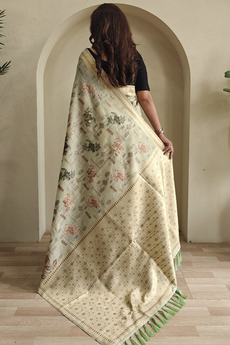 Thistle Green Jamdani Woven Cotton Silk Saree