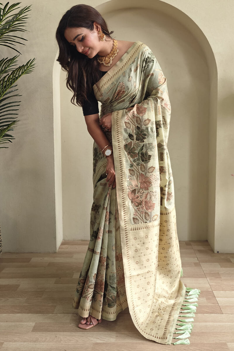 Thistle Green Jamdani Woven Cotton Silk Saree