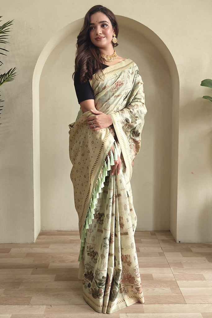 Thistle Green Jamdani Woven Cotton Silk Saree