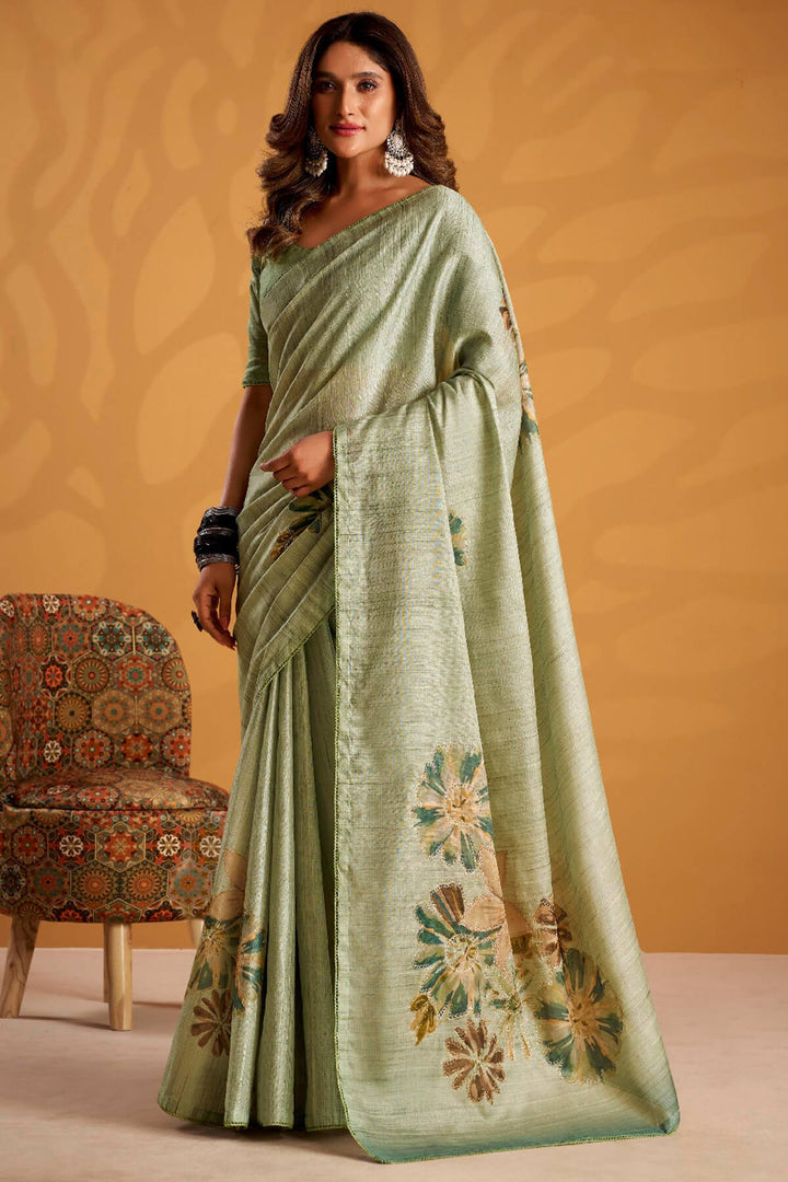 Thistle Green Kasheeda work Tussar Silk Saree