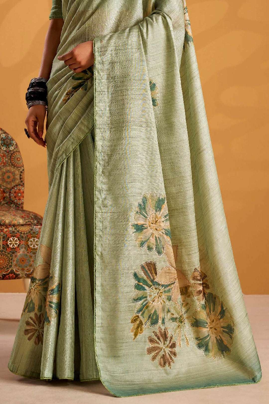 Thistle Green Kasheeda work Tussar Silk Saree