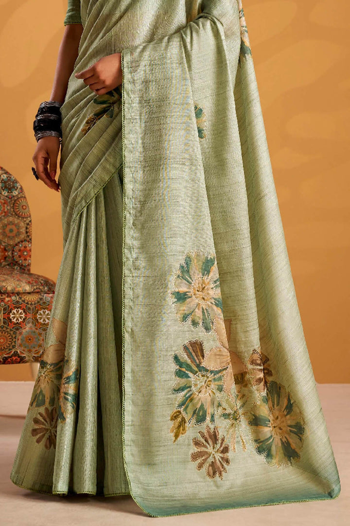 Thistle Green Kasheeda work Tussar Silk Saree