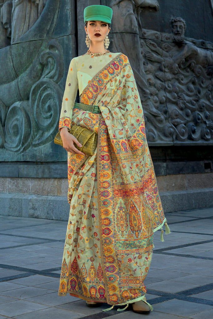 Thistle Green Kashmiri Weaving Organza Silk Saree