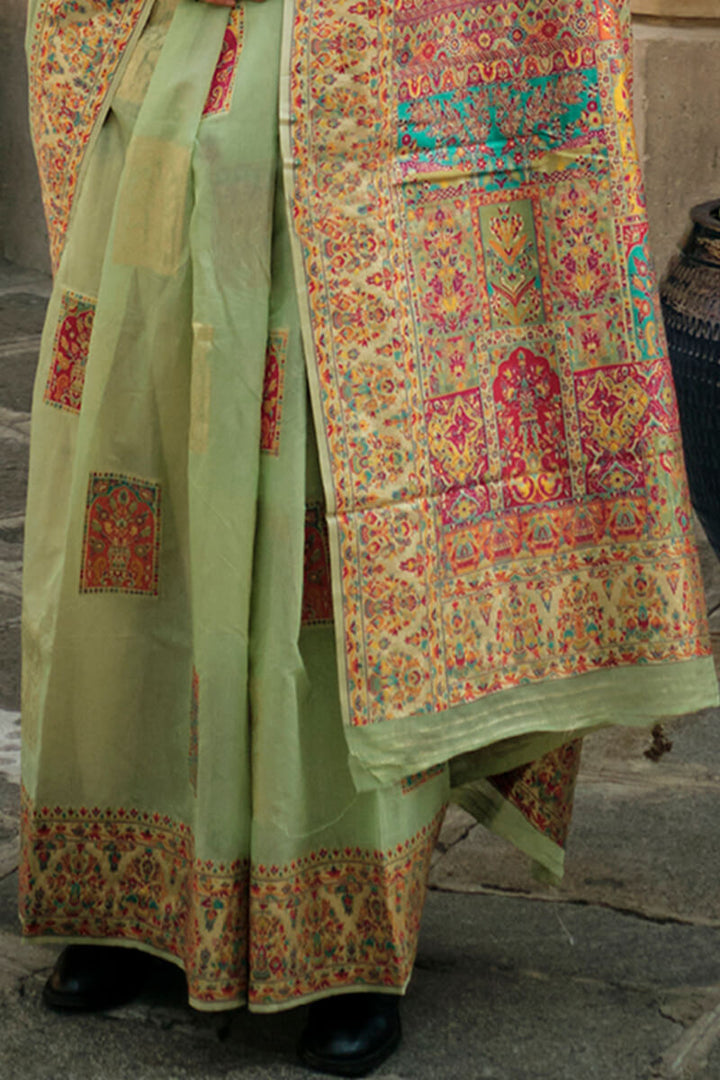 Thistle Green Kashmiri Weaving Pashmina Silk Saree