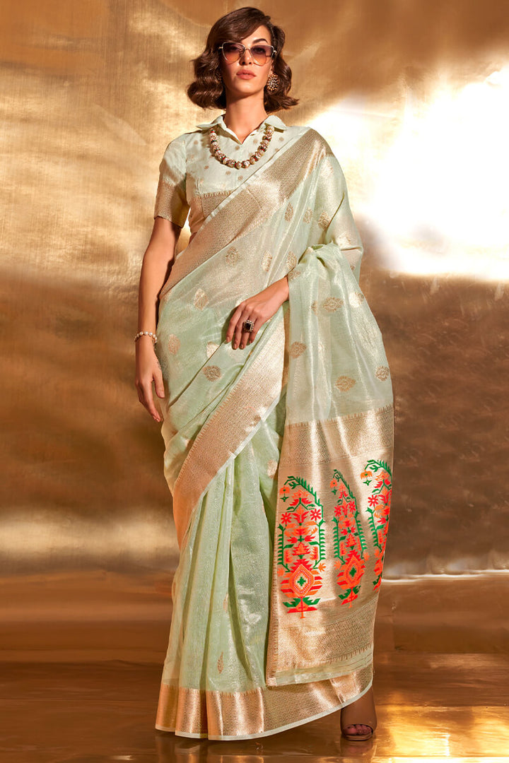 Thistle Green Paithani Tissue Silk Saree