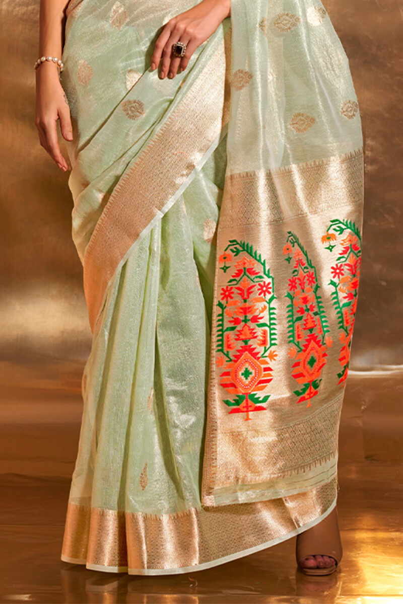 Thistle Green Paithani Tissue Silk Saree