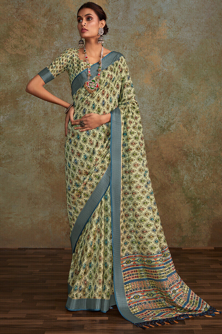 Thistle Green Printed with Sequence Soft Silk Saree