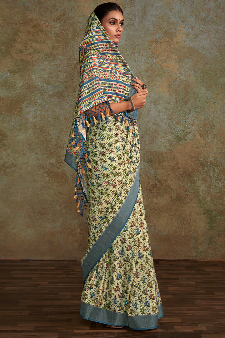 Thistle Green Printed with Sequence Soft Silk Saree