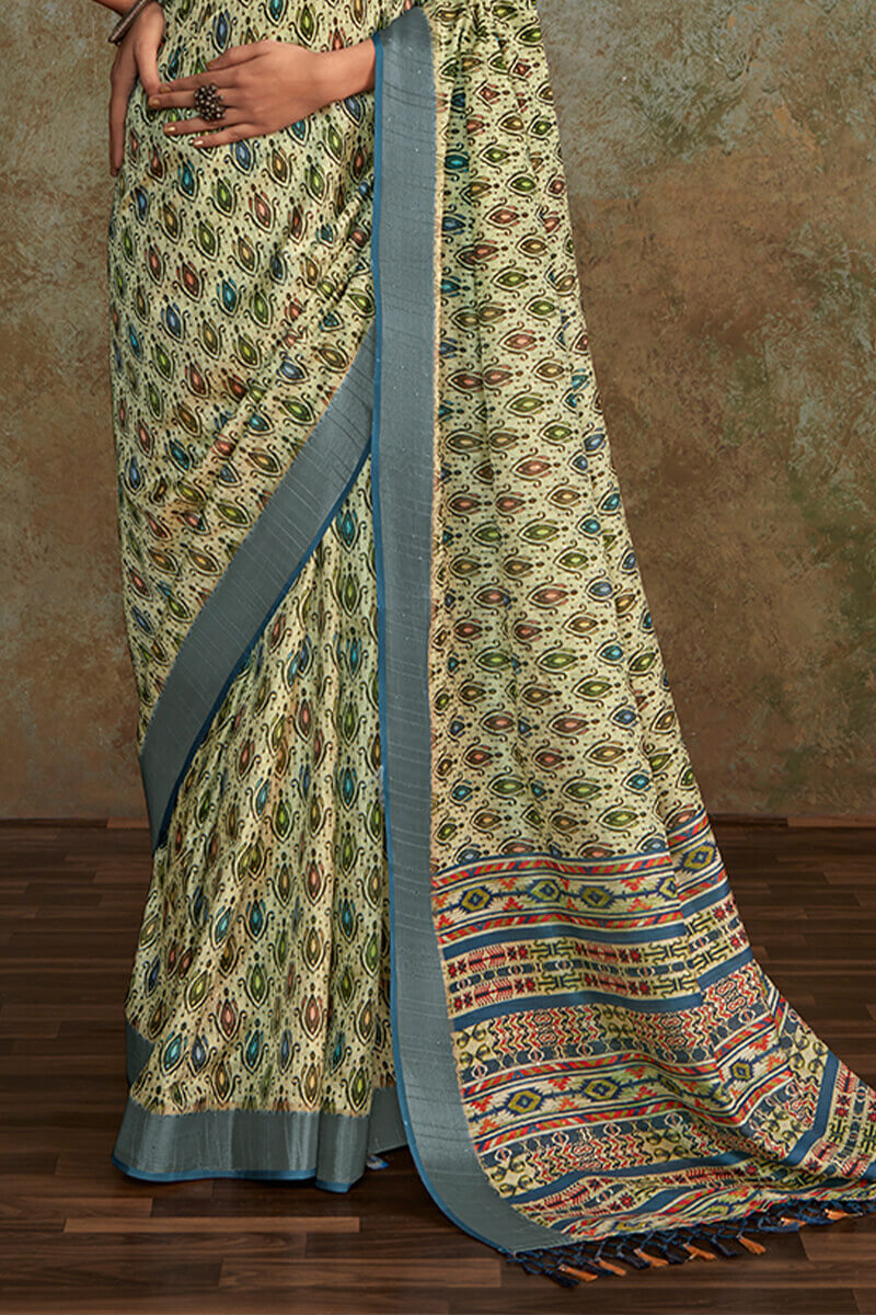 Thistle Green Printed with Sequence Soft Silk Saree