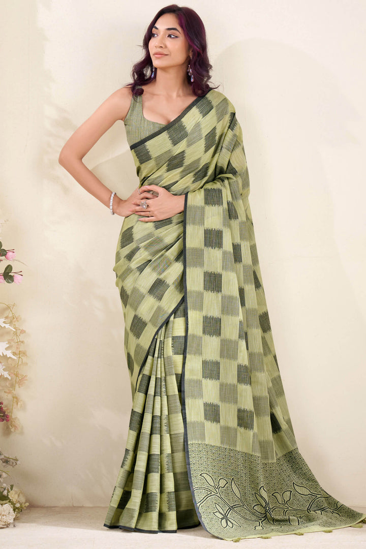 Thistle Green Zari Woven Linen Silk Saree