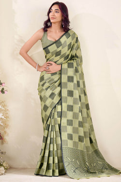 Thistle Green Zari Woven Linen Silk Saree