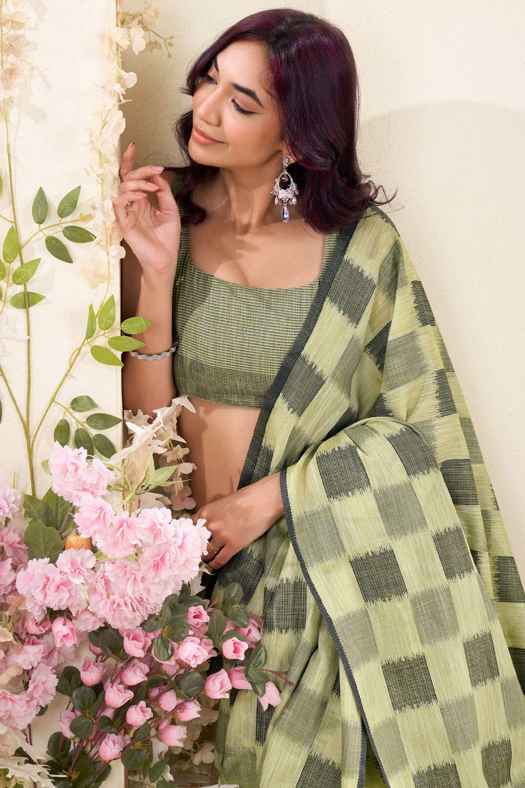 Thistle Green Zari Woven Linen Silk Saree
